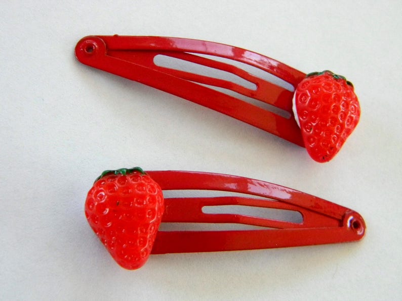 Red Strawberry Hair Clips Set of Two Red Hair Clip Metal Snap Barrette 50mm Fruit Hair Clip image 1