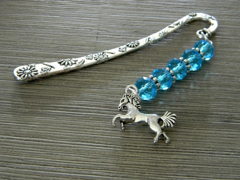 Horse Bookmark with Aqua Blue Glass Beads Flower Short Shepherd Hook Bookmark Silver Color image 1