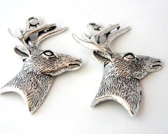 Deer Head Charms Set of Two Silver Color 58x44mm