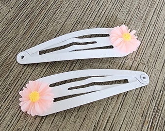 Pink Flower Hair Clips, Set of Two White Hair Clips, Metal Snap Barrette 50mm, Daisy Hair Clips