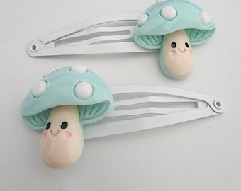 Mint Mushroom Hair Clips Set of Two White Hair Clips Metal Snap Barrette 50mm