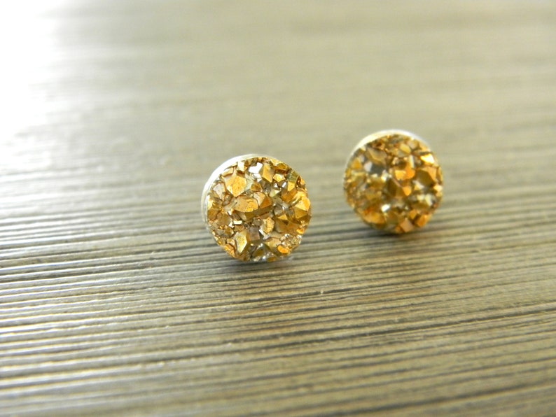 8mm Stud Earrings Gold Druzy Resin Post Earrings