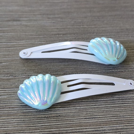 Blue Shell Hair Clips Set of Two White Hair Clip Metal Snap
