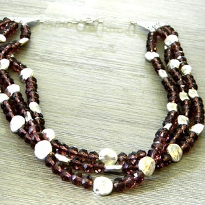 Purple Glass Triple Strand Beaded Necklace Lobster Clasp with Silver Colored Circle Beads image 5