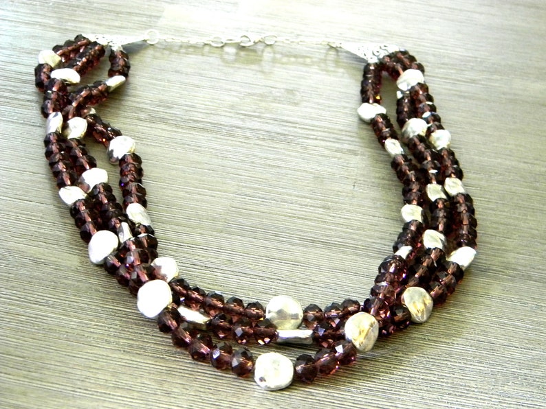 Purple Glass Triple Strand Beaded Necklace Lobster Clasp with Silver Colored Circle Beads image 5