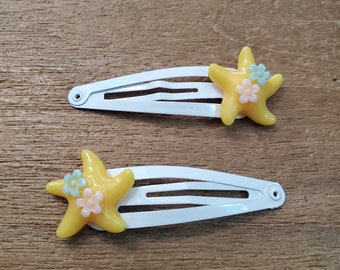 Yellow Starfish Hair Clips Set of Two White Hair Clip Metal Snap Barrette 50mm