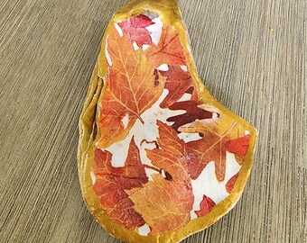 Decoupage Autumn Leaves Shell Trinket Dish Jewelry Dish Oyster Shell