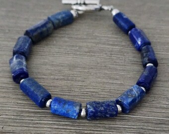 Lapis Lazuli Stone Bracelet Cylinder Beads Toggle Clasp Blue Stone Bracelet