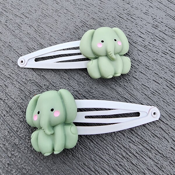 Elephant Hair Clips Set of Two White Hair Clip Metal Snap Barrette 50mm
