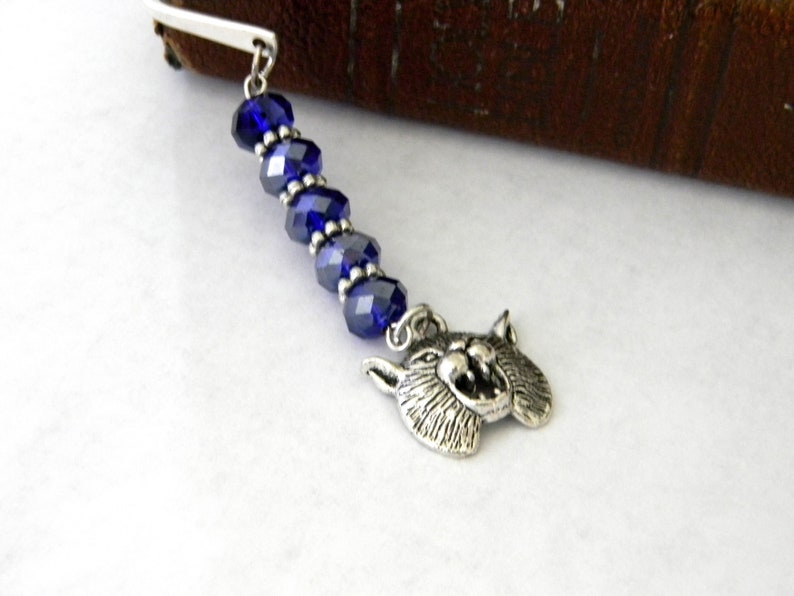 Wildcat Bookmark with Cobalt Blue Glass Beads Shepherd Hook Steel Bookmark Silver Color image 5