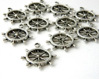 Ship Wheel Charms Set of 10 Silver Color 28x25mm