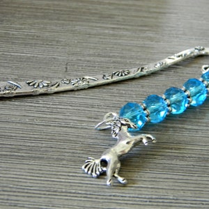 Horse Bookmark with Aqua Blue Glass Beads Flower Short Shepherd Hook Bookmark Silver Color image 6