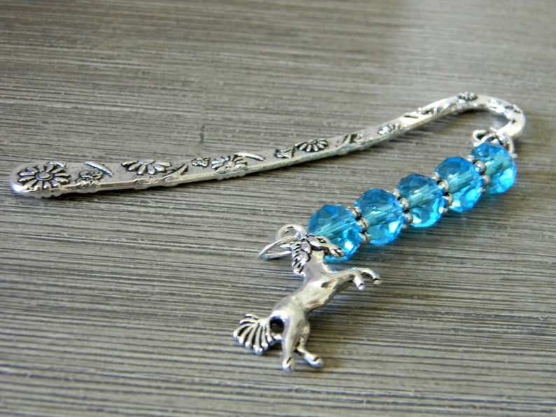 Horse Bookmark with Aqua Blue Glass Beads Flower Short Shepherd Hook Bookmark Silver Color image 6