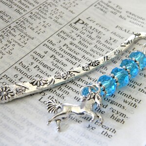 Horse Bookmark with Aqua Blue Glass Beads Flower Short Shepherd Hook Bookmark Silver Color image 3