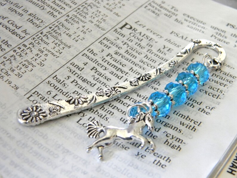 Horse Bookmark with Aqua Blue Glass Beads Flower Short Shepherd Hook Bookmark Silver Color image 3