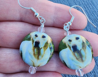 Decoupage Golden Labrador Earrings, Pet Dangle Earrings, Dog Earrings Golden Retriever Earrings