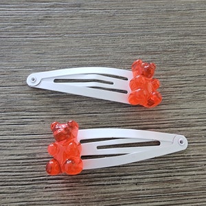 Red Gummy Bear Hair Clips Set of Two White Hair Clips Metal Snap Barrette 50mm