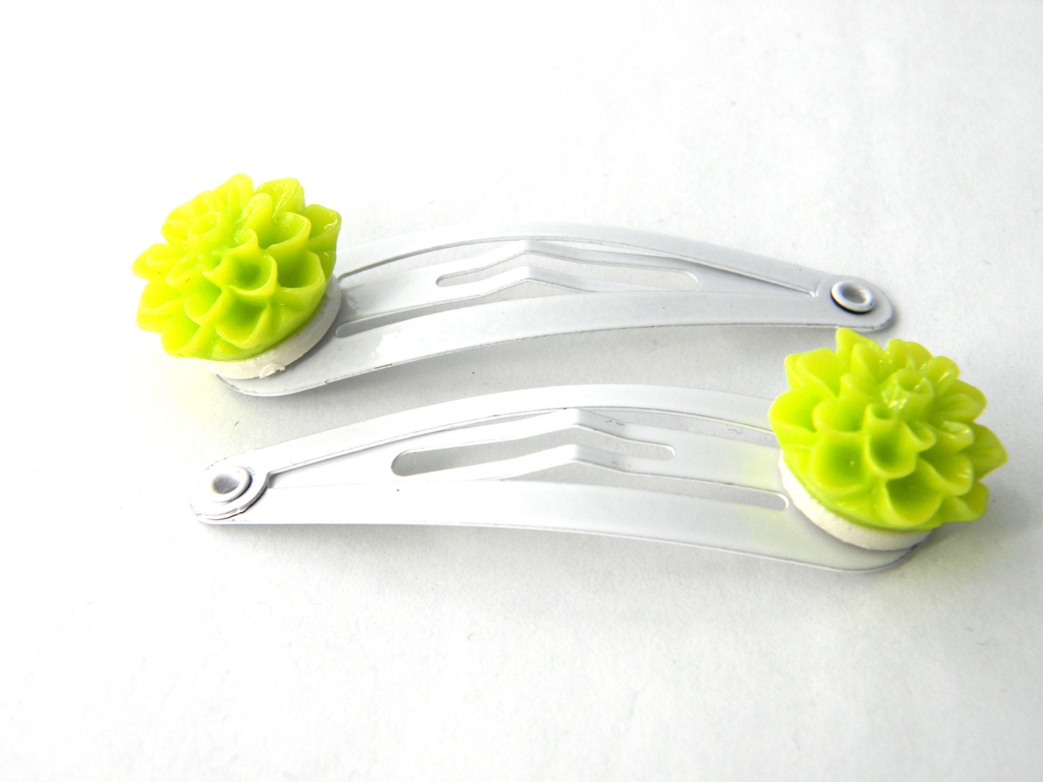 Lime Green Flower Hair Clips Set of Two White Hair Clip Metal Etsy