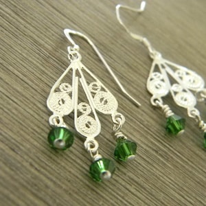 Sterling Silver Filigree Feather Drop Earrings Chandelier Earrings with Green Glass Beads