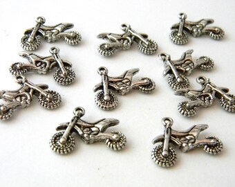 Dirt Bike Charms Set of 10 Silver Color 3D Three Dimensional Charms 17x23mm