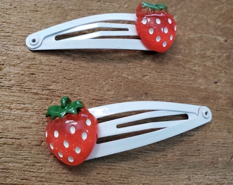 Red Strawberry Hair Clips, Set of Two White Hair Clips, Metal Snap Barrette 50mm Fruit Hair Clip