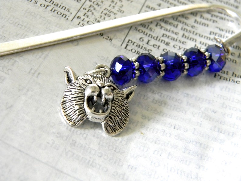 Wildcat Bookmark with Cobalt Blue Glass Beads Shepherd Hook Steel Bookmark Silver Color image 3