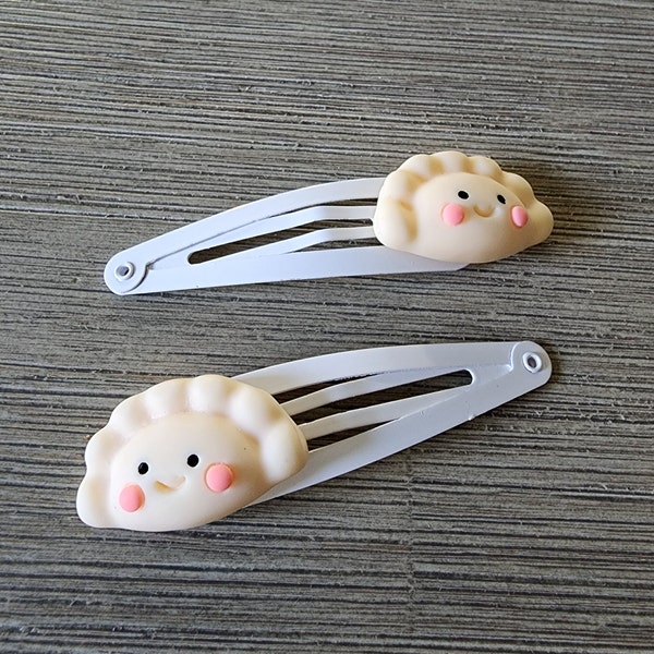 Potsticker Hair Clips Set of Two White Hair Clip Metal Snap Barrette 50mm Dumpling