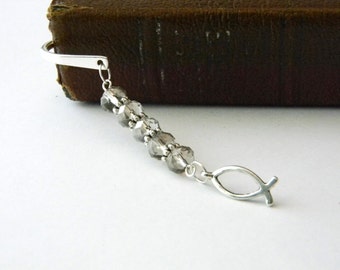 Jesus Fish Bookmark with Smoky Quartz Glass Beads Silver Color Shepherd Hook Bookmark