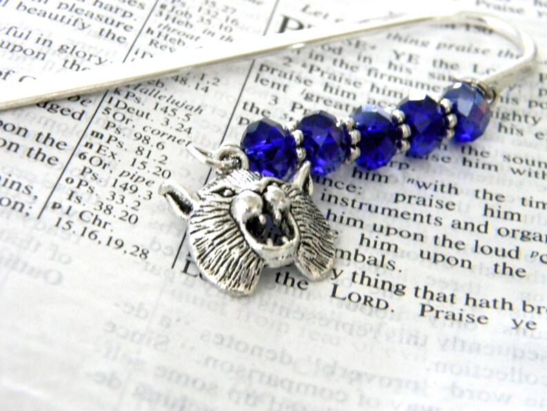 Wildcat Bookmark with Cobalt Blue Glass Beads Shepherd Hook Steel Bookmark Silver Color image 2