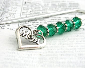 Mom Bookmark with Emerald Green Beads Shepherd Hook Bookmark Steel Bookmark Silver Color Beaded