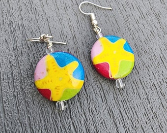 Decoupage Starfish Earrings, Colorful Dangle Earrings