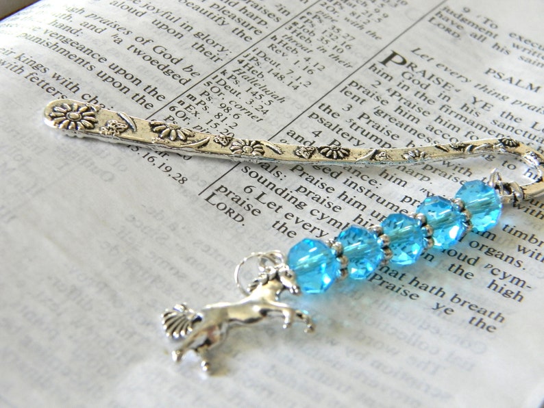 Horse Bookmark with Aqua Blue Glass Beads Flower Short Shepherd Hook Bookmark Silver Color image 4