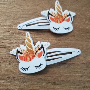Autumn Unicorn Hair Clips Set of Two, White Hair Clips, Metal Snap Barrette 50mm, Fantasy Hair Clips, Pumpkin Hair Clips