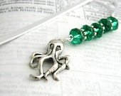 Octopus Bookmark with Green Glass Beads Shepherd Hook Steel Bookmark Silver Color