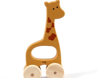 Giocattolo a spinta personalizzato a forma di giraffa: decorazione per cameretta dei bambini in stile safari, in legno MDF, ispirato allo stile Waldorf