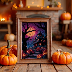 Haunted House Printable Halloween Poster, Spooky Halloween Wall Art with Pumpkins and Full Moon, Gothic Art Print, DIGITAL DOWNLOAD