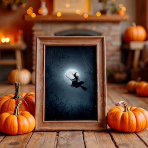 Halloween Witch Poster, Dark Witch Silhouette with Moon and Bats for Spooky Halloween Decorations, Aesthetic Gothic Poster
