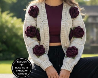 Crochet Cardigan Pattern, Rose Motif Granny Square Winter Jacket, Women Chunky Sweater (PDF Pattern)