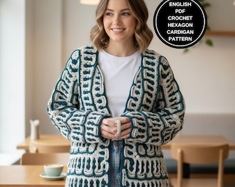 Modèle de cardigan au crochet hexagonal, veste carrée grand-mère, pull géométrique, garde-robe fait main, idées cadeaux DIY