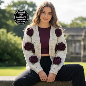 Schema per cardigan all'uncinetto, giacca invernale Grandma Square con motivo a rose, maglione spesso da donna (schema PDF)