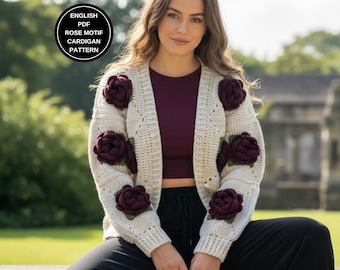Crochet Cardigan Pattern, Rose Motif Granny Square Winter Jacket, Women Chunky Sweater (PDF Pattern)