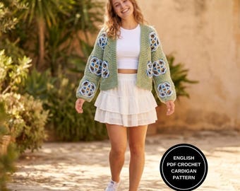 Granny Square Crochet Cardigan Pattern, Boho Colorful Sweater (PDF Download)
