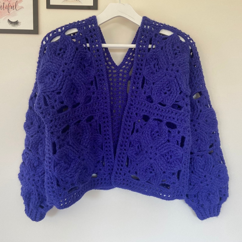 May include: A royal blue crocheted cardigan with a V-neck and a lacy pattern. The cardigan has a cropped length and long sleeves.