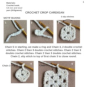 May include: Crochet instructions for a crop cardigan. The image shows a close-up of the crochet motif, with a white yarn and a wooden crochet hook. The text in the image reads "Motif Making" and "Chain 5 in starting, we make a ring and Chain 3, 2 double crochet stitches. Chain 2 then 3 double crochet stitches. Chain 2 then 3 double crochet stitches. Chain 2, slip stitch to top of first chain 3 to close round."