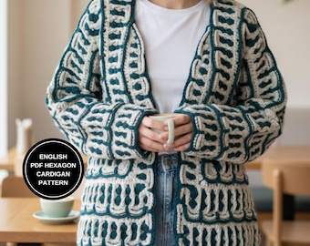Häkelanleitung für eine sechseckige Strickjacke, Oma-Quadrat-Jacke, geometrischer Pullover, DIY-Geschenkideen für handgefertigte Kleidung