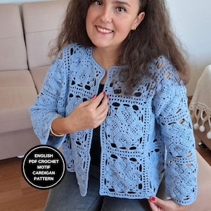 May include: A light blue crochet cardigan featuring a square motif pattern with openwork details and long sleeves. A circular black badge on the lower left displays the white text: ENGLISH PDF CROCHET MOTIF CARDIGAN PATTERN.