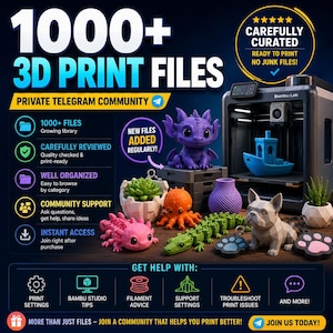 May include: A digital advertisement for 1000+ 3D print files featuring a Bambu Lab printer and various printed models including a purple dragon, orange octopus, green crocodile, grey dog, and succulent planters. Text includes 1000+ 3D PRINT FILES.
