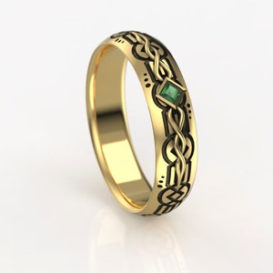 Gold Men&#39;s Wedding Band with Square Cut Lab Emerald - 5mm Men&#39;s Elvish Celtic Wedding Ring in Silver or Gold - Engraved Elf Ring