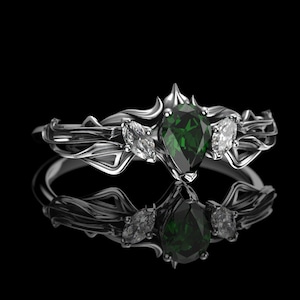 White Gold Crown Engagement Ring with Pear Cut Emerald - Art Nouveau Fantasy Engagement Ring - Elf Ring
