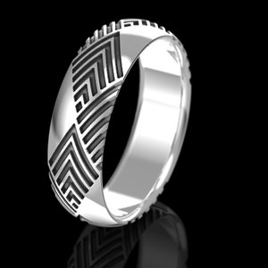 Men&#39;s Silver or Gold Art Deco Wedding Band, Vintage Inspired 6mm Ring with Geometric Chevron Pattern
